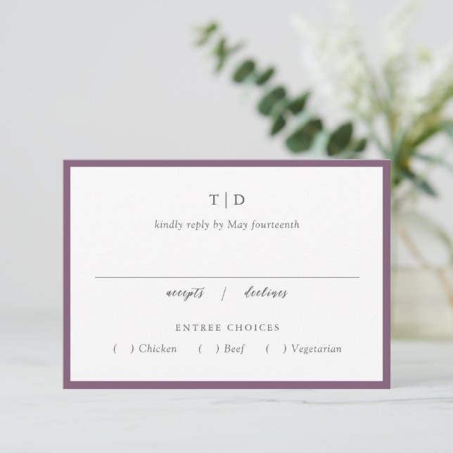 Elegant Purple Monogram Modern Wedding RSVP Card (Standing Front)