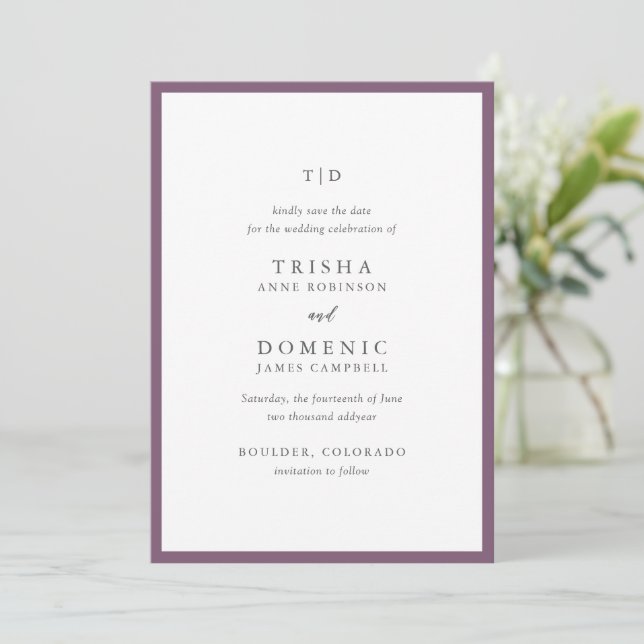 Elegant Purple Monogram Modern Wedding Save The Date (Standing Front)