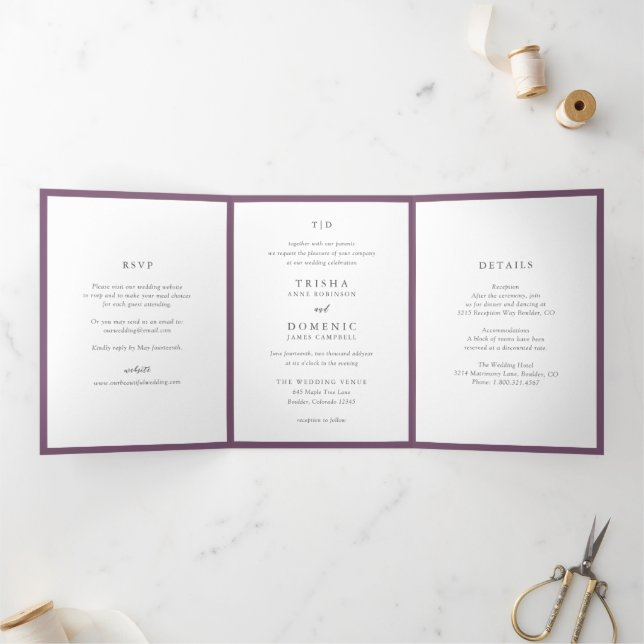 Elegant Purple Monogram Modern Wedding Tri-Fold Invitation (Inside)