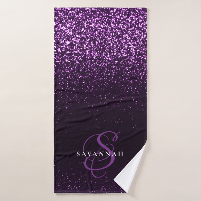 Elegant Purple Monogram Script Stylish Glitter Bath Towel (Bath Towel)