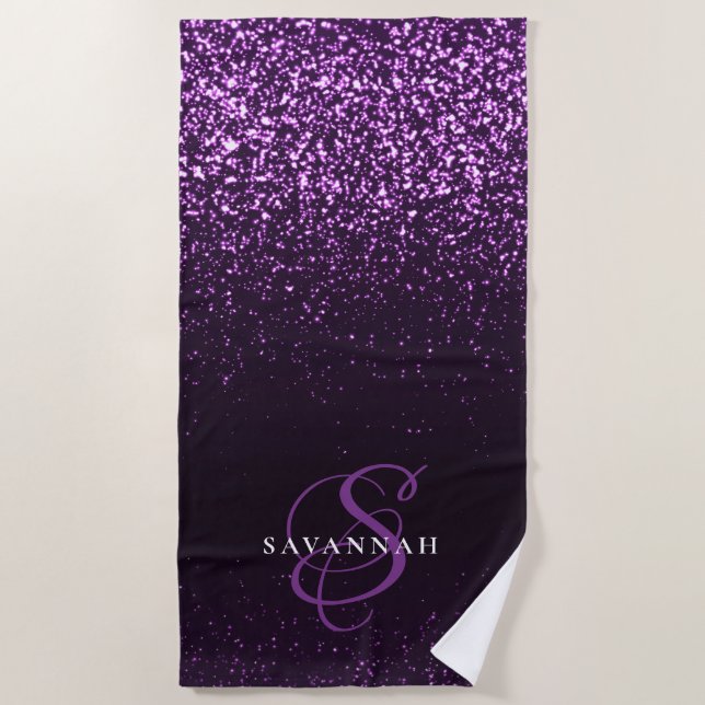 Elegant Purple Monogram Script Stylish Glitter Beach Towel (Front)