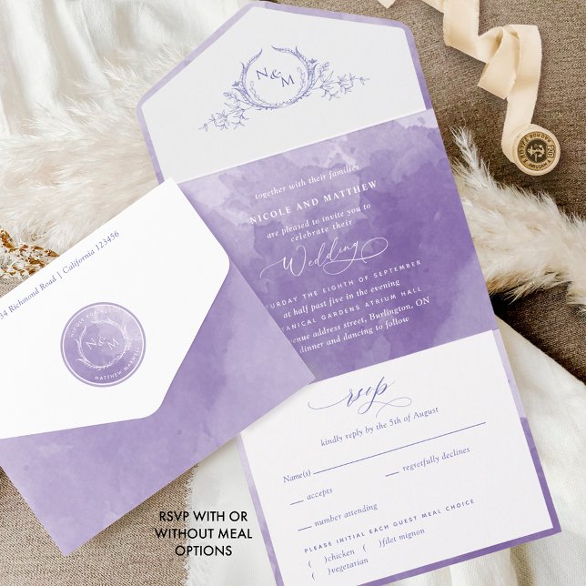 Elegant Purple Monogram Watercolor Wedding All In One Invitation (Creator Uploaded)