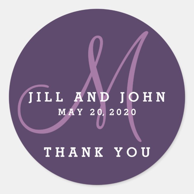 Elegant Purple Monogram Wedding Favour Sticker (Front)