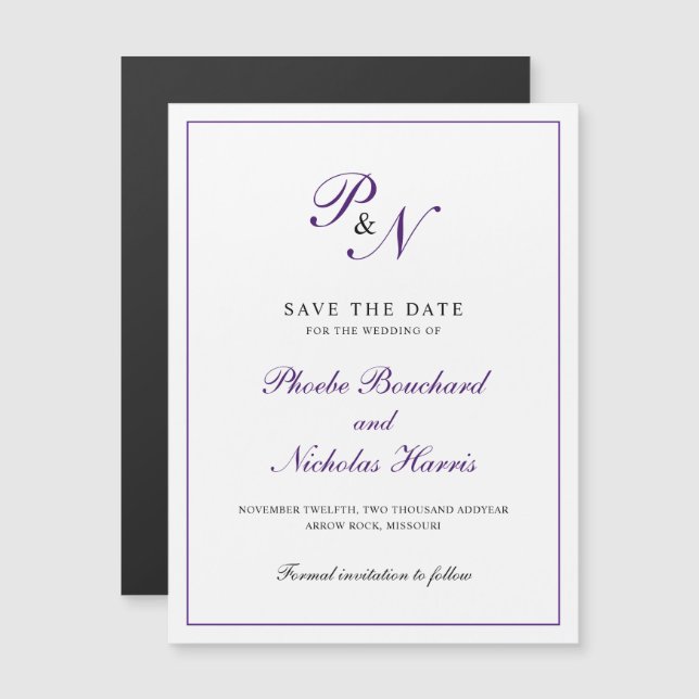 Elegant Purple Monogram Wedding Save the Date Magnetic Invitation (Front/Back)