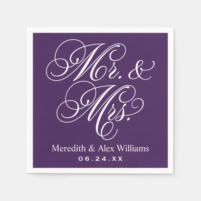 Elegant Purple Mr and Mrs Script Wedding Napkin (Front)
