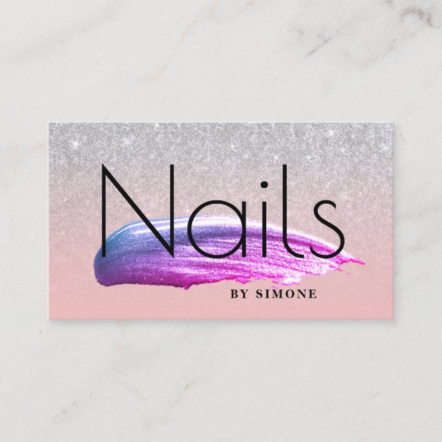 Elegant purple nail polish stroke silver glitter business card (Front)