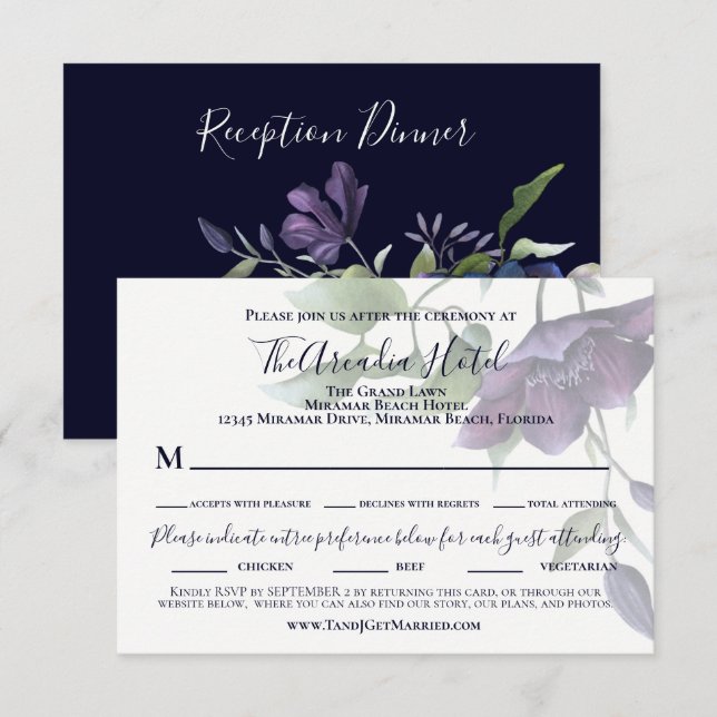 Elegant Purple Navy Blue Cream Reception Dinner RSVP Card (Front/Back)