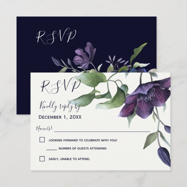 Elegant Purple Navy Blue Cream Wedding RSVP (Front/Back)