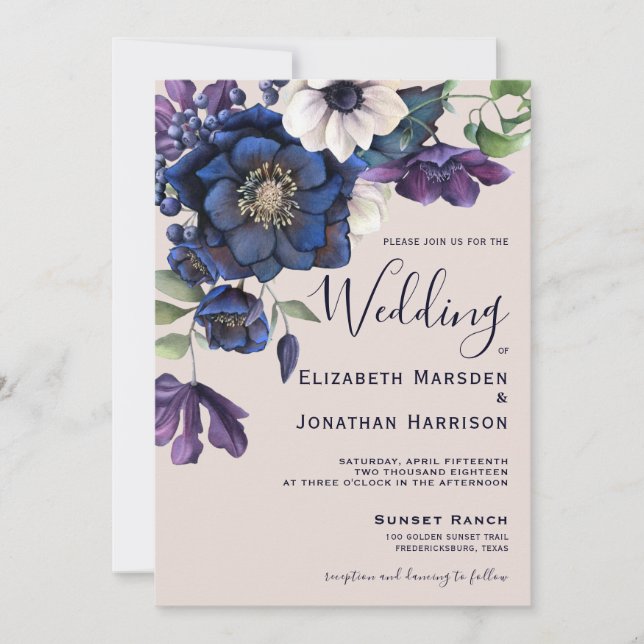 Elegant Purple Navy Champagne Vintage Floral  Invitation (Front)