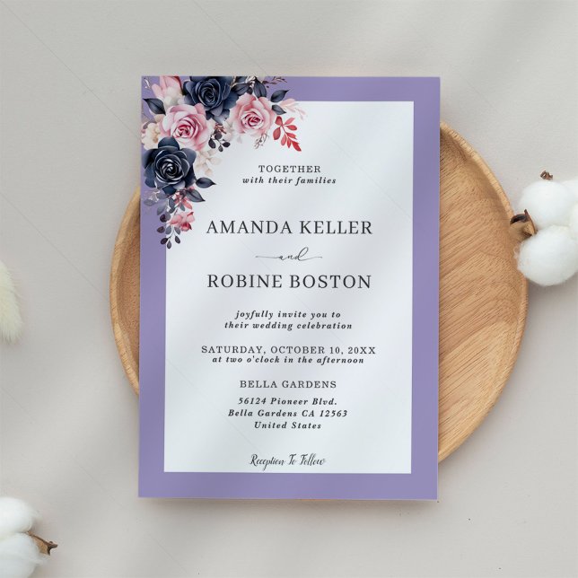 Elegant Purple Navy Rose Wedding Invitation (Creator Uploaded)
