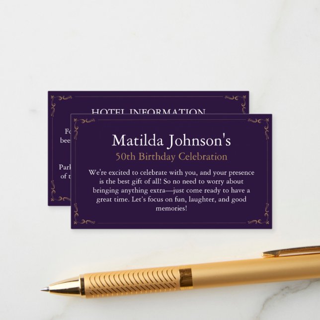 Elegant Purple No Gifts Birthday Enclosure Card (Front/Back In Situ)