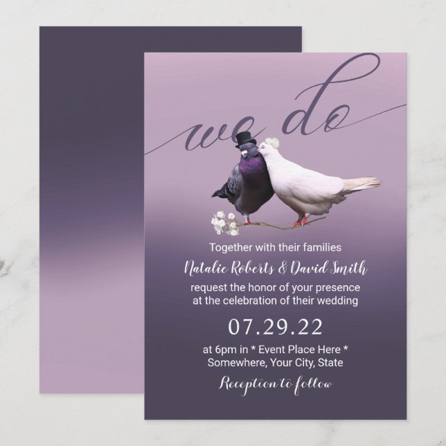 Elegant Purple Ombre We Do Lovebirds Wedding Invitation (Front/Back)