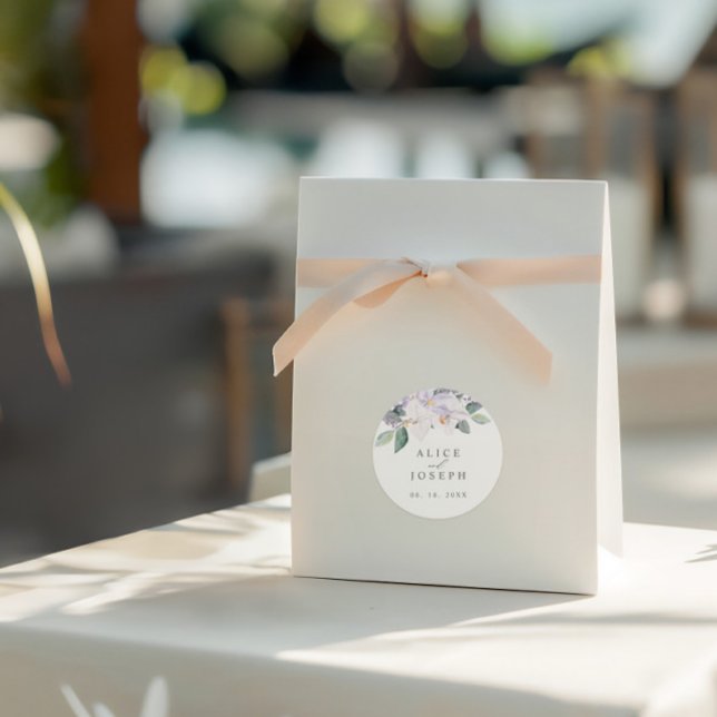 Elegant Purple Orchids & Greenery Wedding  Classic Round Sticker (Elegant Purple Orchids & Greenery Wedding Classic Round Sticker)