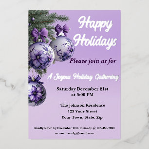 Elegant Purple Ornament Foil Holiday Invitation