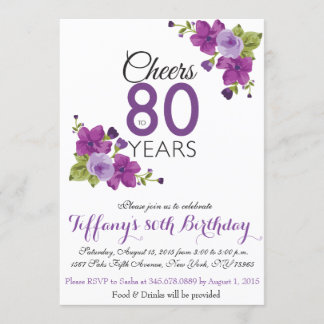 Elegant Purple Paint Flower 80th Birthday Invite