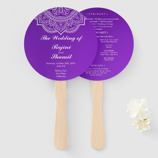Elegant Purple Paisley Indian Wedding Program Hand Fan (Front and Back)