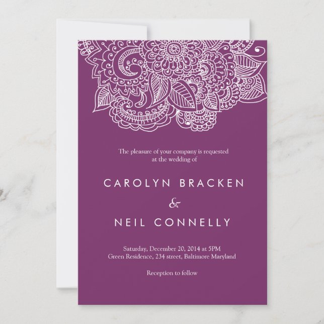 Elegant Purple Paisley Pattern Floral Wedding Invitation (Front)