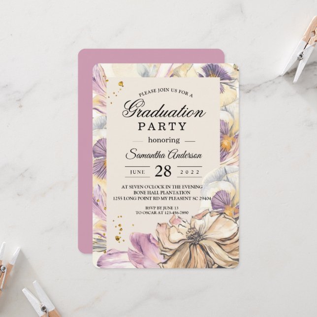 Elegant Purple & Pansy Floral Graduation Party Invitation (Front/Back In Situ)