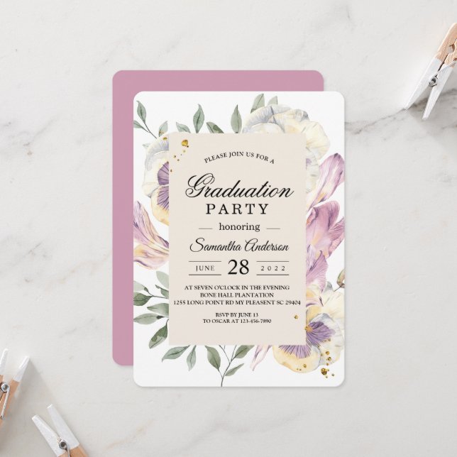Elegant Purple & Pansy Floral Graduation Party  Invitation (Front/Back In Situ)
