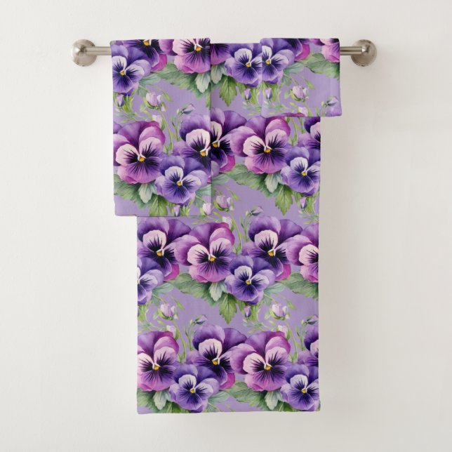Elegant Purple Pansy Pansies Floral Towel Set (Insitu)