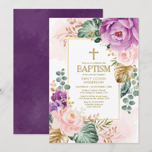Elegant Purple Peach Tropical Greenery Baptism Invitation