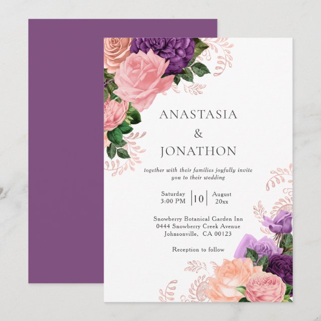 Elegant Purple Peach Watercolor Floral Wedding Invitation (Front/Back)