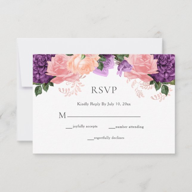Elegant Purple Peach Watercolor Floral Wedding RSVP Card (Front)