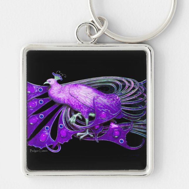 ELEGANT PURPLE PEACOCK IN BLACK KEY RING (Front)