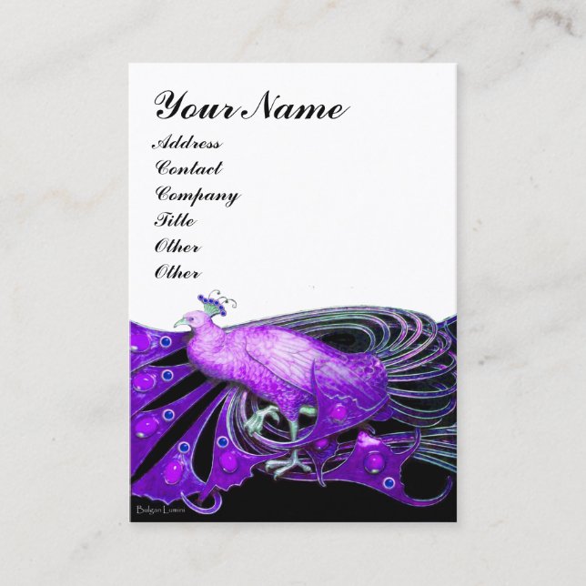 ELEGANT PURPLE PEACOCK JEWEL White Business Card (Front)