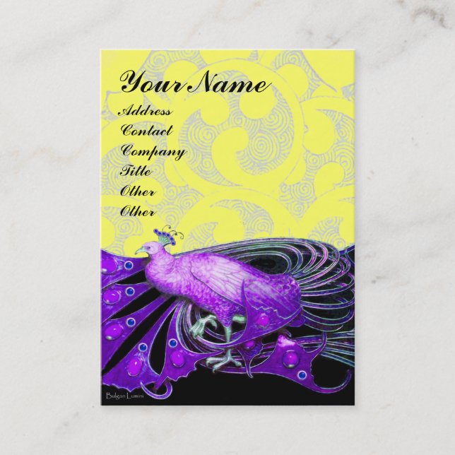 ELEGANT PURPLE PEACOCK JEWEL /YELLOW FLORAL SWIRLS BUSINESS CARD (Front)