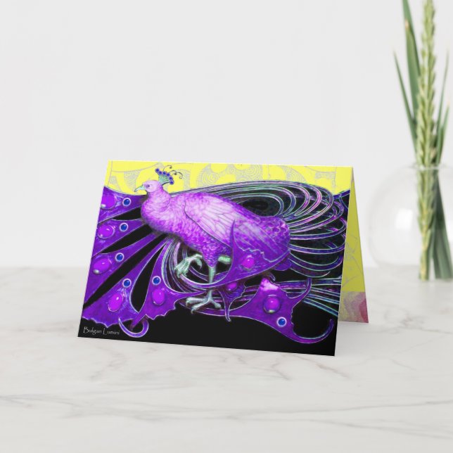 ELEGANT PURPLE PEACOCK WITH GEOMETRIC SWIRLS HOLIDAY CARD (Front)