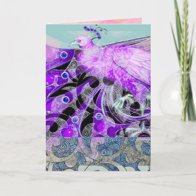 ELEGANT PURPLE PEACOCK WITH GEOMETRIC SWIRLS HOLIDAY CARD (Front)