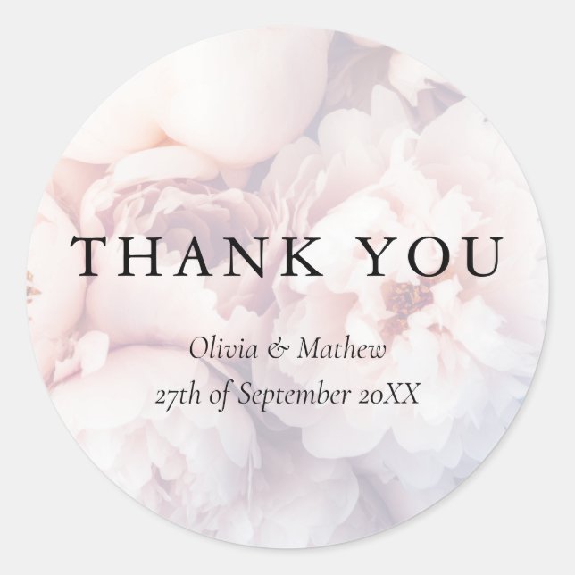 Elegant Purple Peonies and Roses Wedding Thank You Classic Round Sticker (Front)