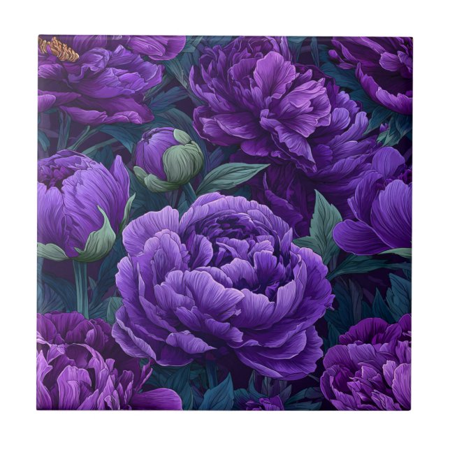 Elegant Purple Peonies Ceramic Tiles (Front)