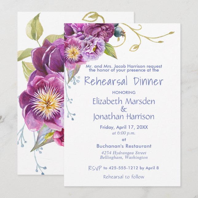 Elegant Purple Peonies Floral Rehearsal Dinner Invitation (Front/Back)
