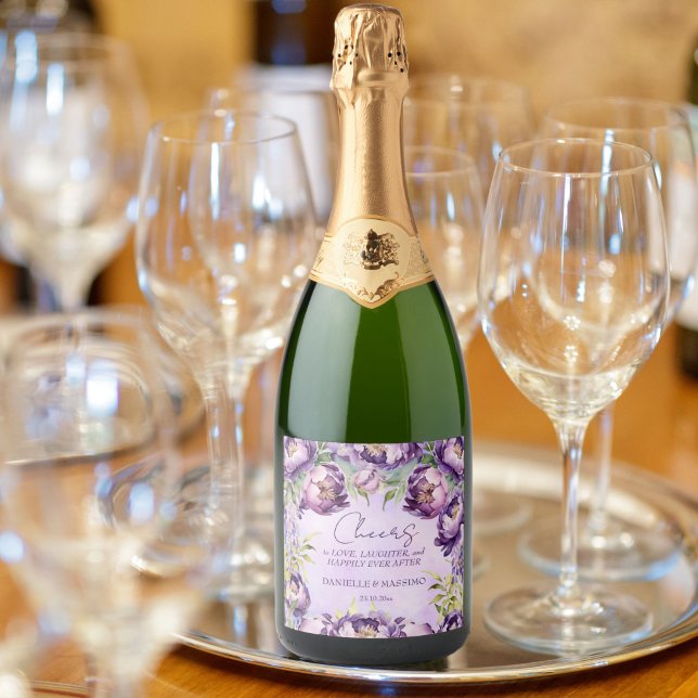 Elegant purple peonies lilac wisteria wedding sparkling wine label (Elegant purple peonies lilac wisteria wedding personalized champagne label )