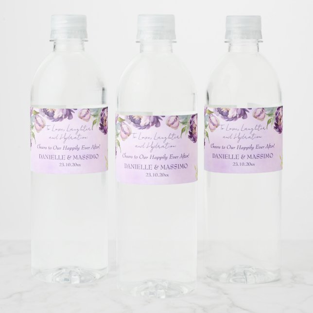 Elegant purple peonies lilac wisteria wedding water bottle label (Bottles)
