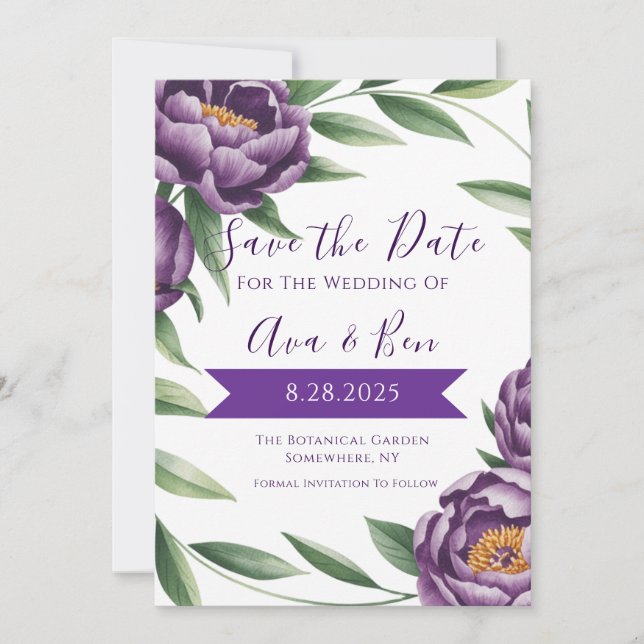 Elegant Purple Peonies Wedding Save the Date Card (Front)