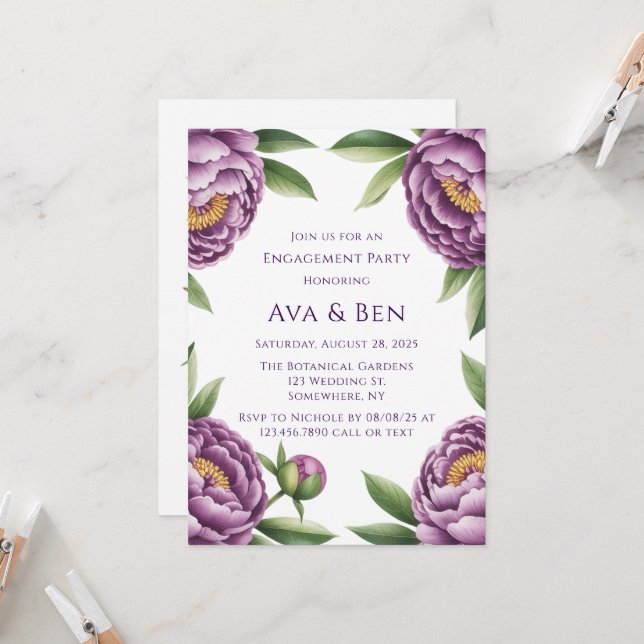 Elegant Purple Peony Floral Engagement Party Invitation (Front/Back In Situ)