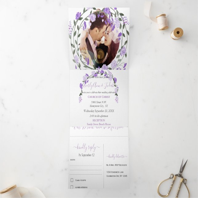 Elegant Purple Peony Floral Wedding  Tri-Fold  (Inside)