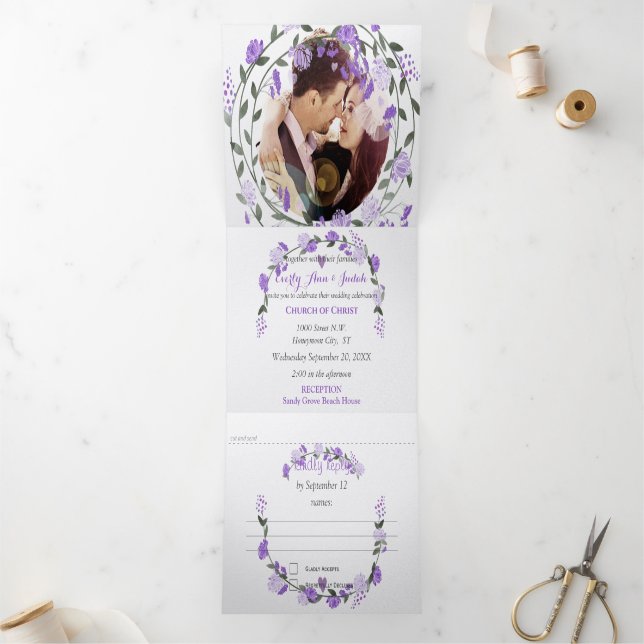 Elegant Purple Peony Floral Wedding Tri-Fold Invitation (Inside)