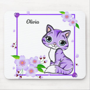 Elegant Purple Peony Flower And Purple Cute Cat Mo Mouse Mat