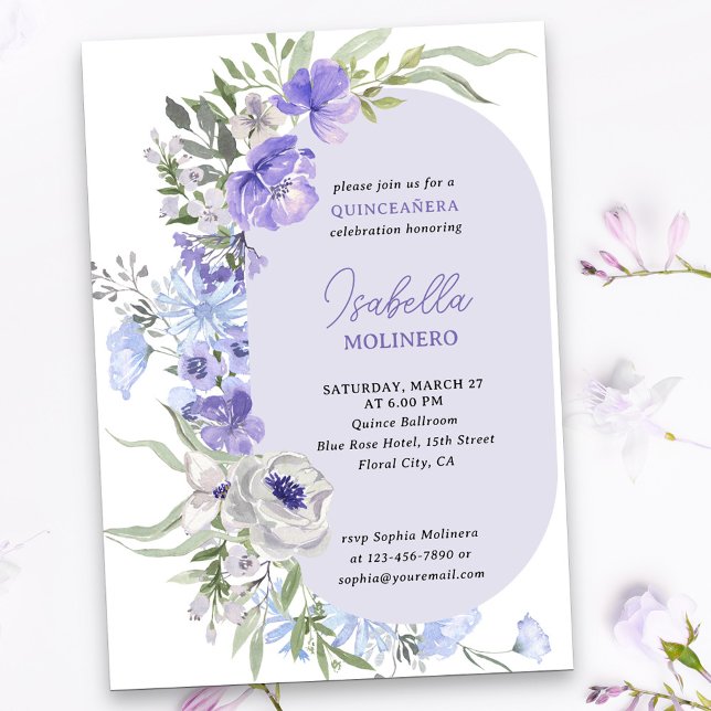 Elegant Purple Peri Floral Quinceanera Invitation (Purple floral quinceanera invitation with modern oval framed with watercolor flowers)