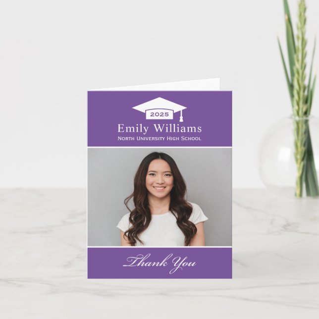 Elegant Purple Personalised Graduation Photo Thank You Card (Front)