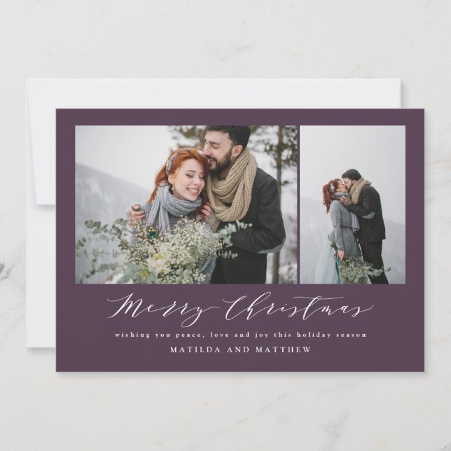 Elegant purple photo collage christmas script holiday card (Front)
