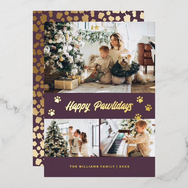 Elegant Purple Photo Happy Pawlidays Gold Foil Holiday Card (Front/Back)