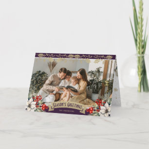 Elegant Purple Photo Holly Red Berries Poinsettia Card