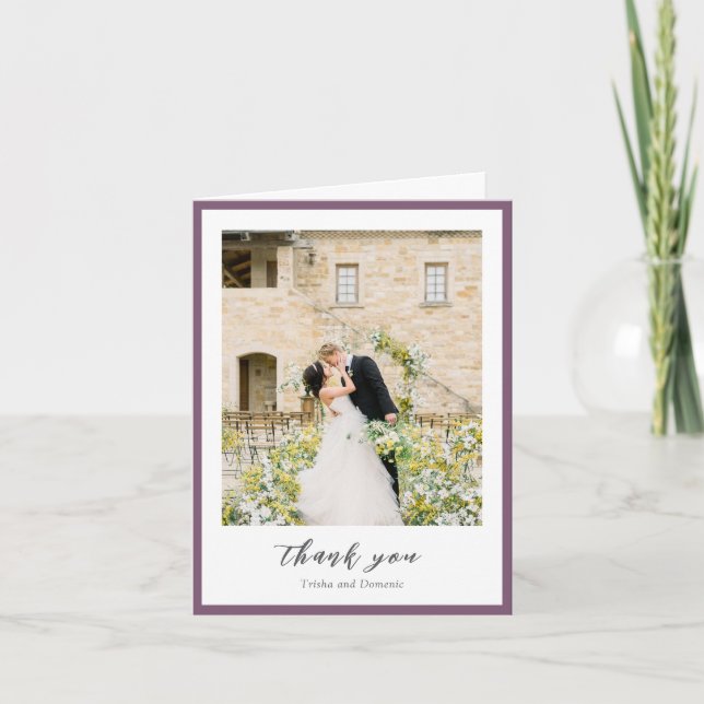 Elegant Purple Photo Modern Wedding Thank You Card (Front)