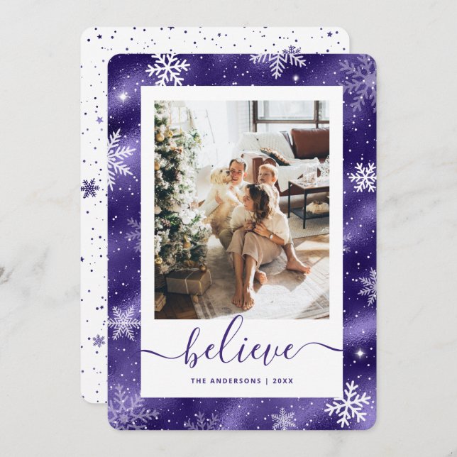 Elegant Purple Photo Snowflake Holiday Card (Front/Back)