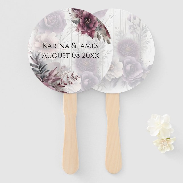 Elegant purple, pink, and maroon floral  hand fan (Front and Back)